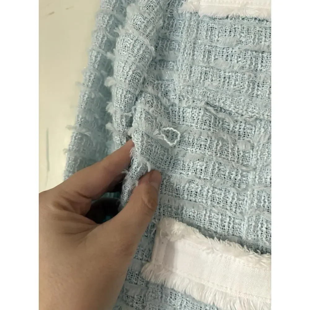 L'AGENCE Agnes Tweed Denim Jacket XS Ice Blue White $525 Quiet Luxury
